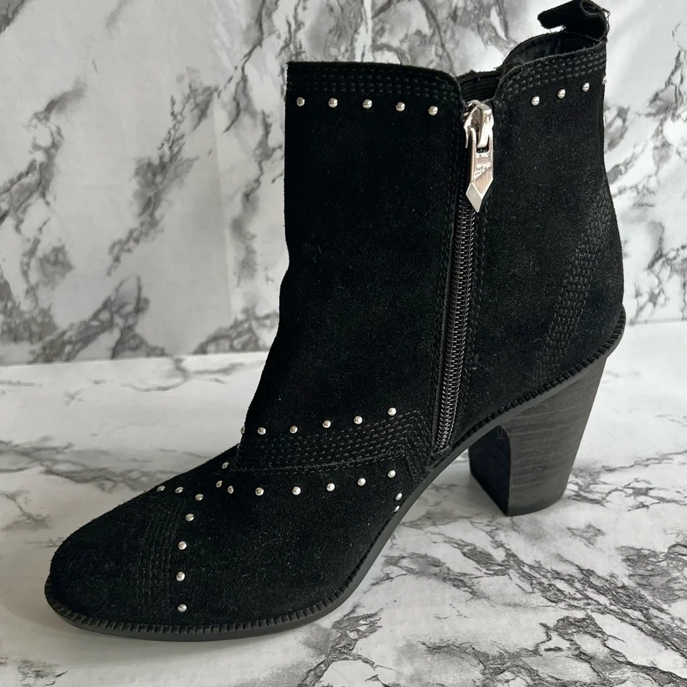 Fergie Dina Bootie Black Suede Silver Studded Block Heel Ankle 6 Gorpcore